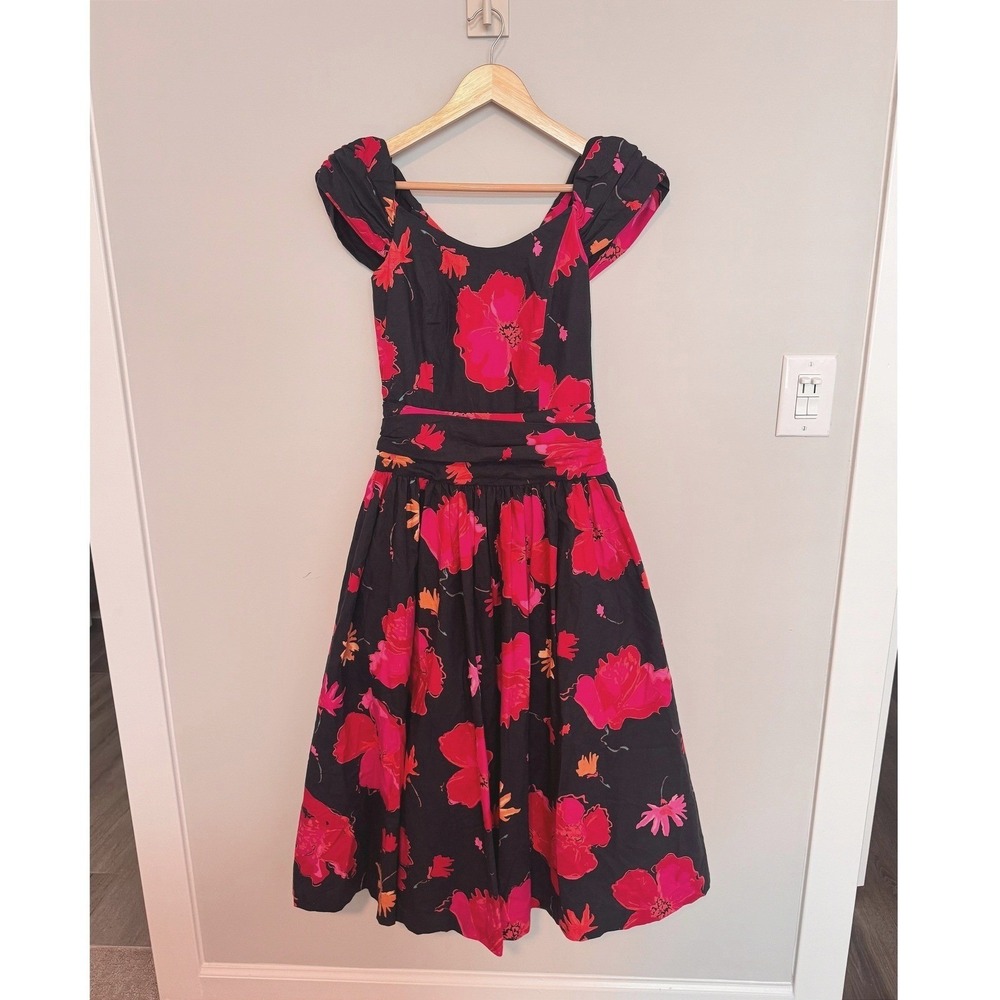 LAURA ASHLEY | Floral Midi Dress Women 10 Black Pink Vintage Great Britain 80s